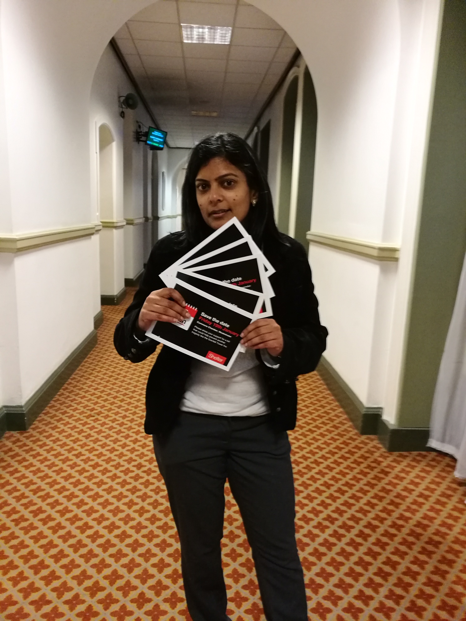 Rupa Huq MP holding the Shelter postcards